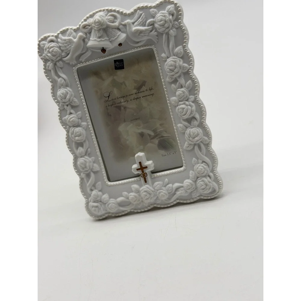 Vintage Russ Berrie White Porcelain Wedding Frame Roses Doves Cross 3.5x5 14389